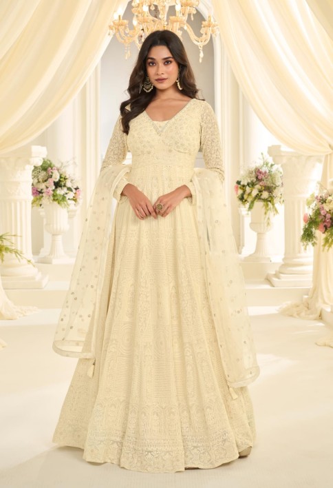 Ivory Elegance Embroidered Anarkali Gown